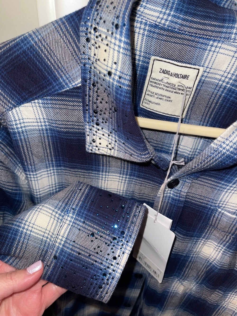 Zadig & Voltaire Crystal Blue and White Plaid Button-Down Shirt SZ Large BNWT